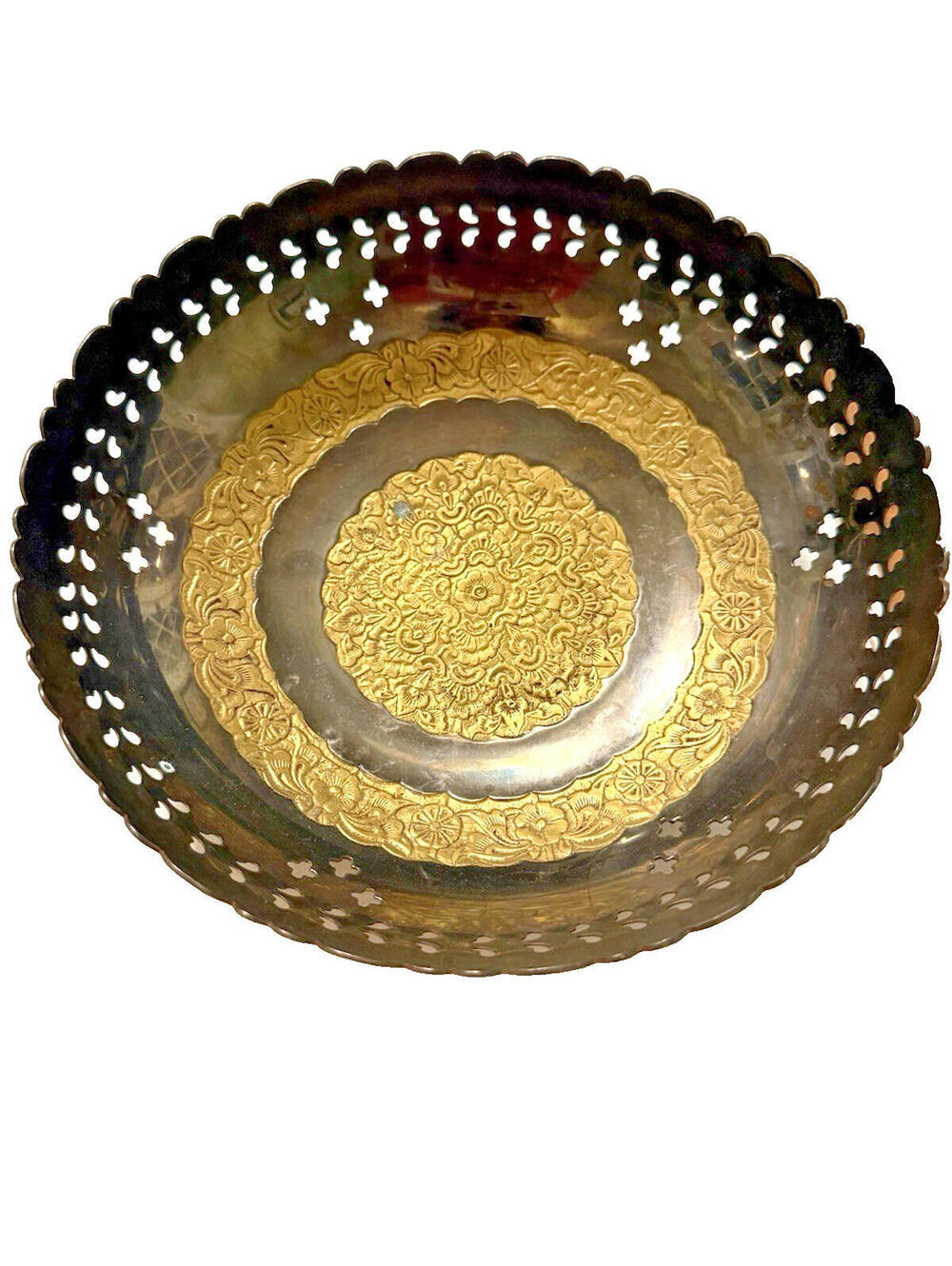 Vintage Ornate MCM Indian Pierced Brass Round Bowl -shabby chic, victorian